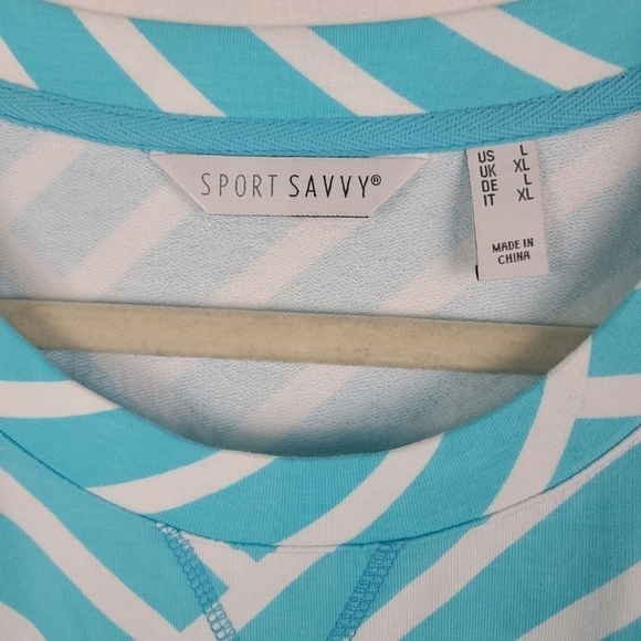 NEW Sport Savvy Aqua Blue Stripe French Terry Dress Pockets Sz L NWT - Picture 2 of 6